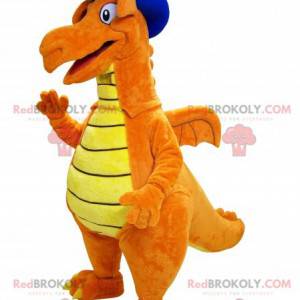Mascota dinosaurio naranja y amarillo con un sombrero