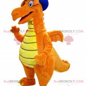 Mascote dinossauro laranja e amarelo com chapéu pontudo -