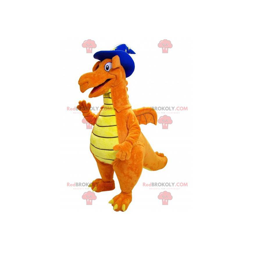 Mascote dinossauro laranja e amarelo com chapéu pontudo -