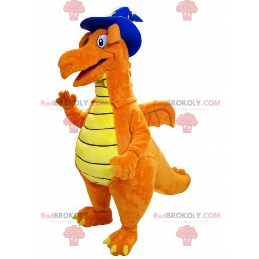 Mascote dinossauro laranja e amarelo com chapéu pontudo -