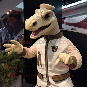 Cream Parasaurolophus mascot costume character dressed with a Bomber Jacket and Cufflinks