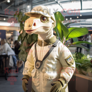 Cream Parasaurolophus mascot costume character dressed with a Bomber Jacket and Cufflinks