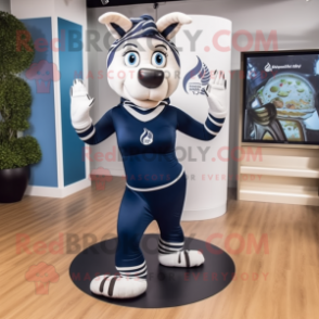 Navy Zebra mascot costume character dressed with a Yoga Pants and Shoe clips