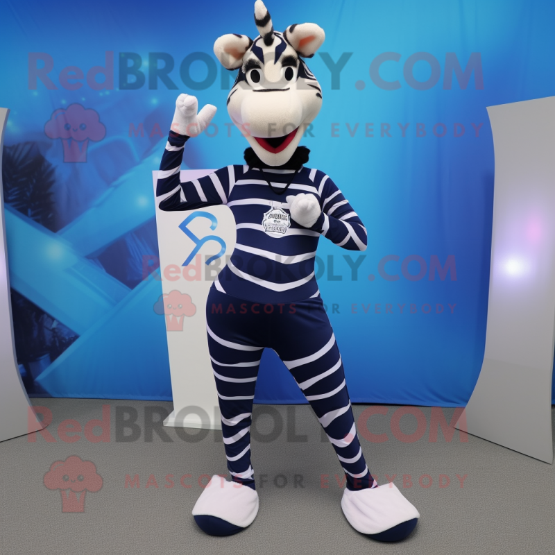 Navy Zebra mascot costume character dressed with a Yoga Pants and Shoe clips