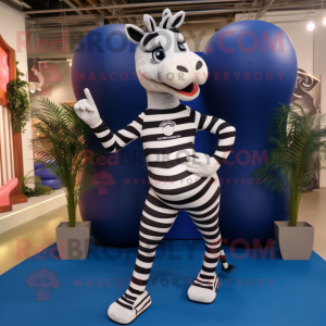 Navy Zebra mascot costume character dressed with a Yoga Pants and Shoe clips