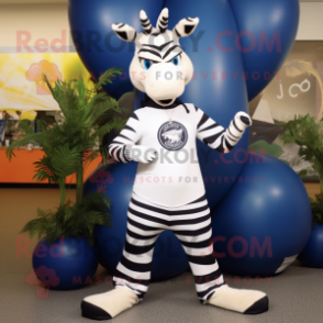Navy Zebra mascot costume character dressed with a Yoga Pants and Shoe clips