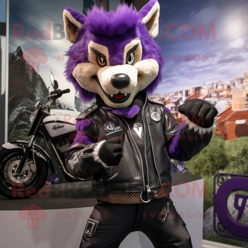 Purple Dingo mascot costume character dressed with a Moto Jacket and Brooches Purple Dingo mascot costume character dressed with a Moto Jacket and Brooches
