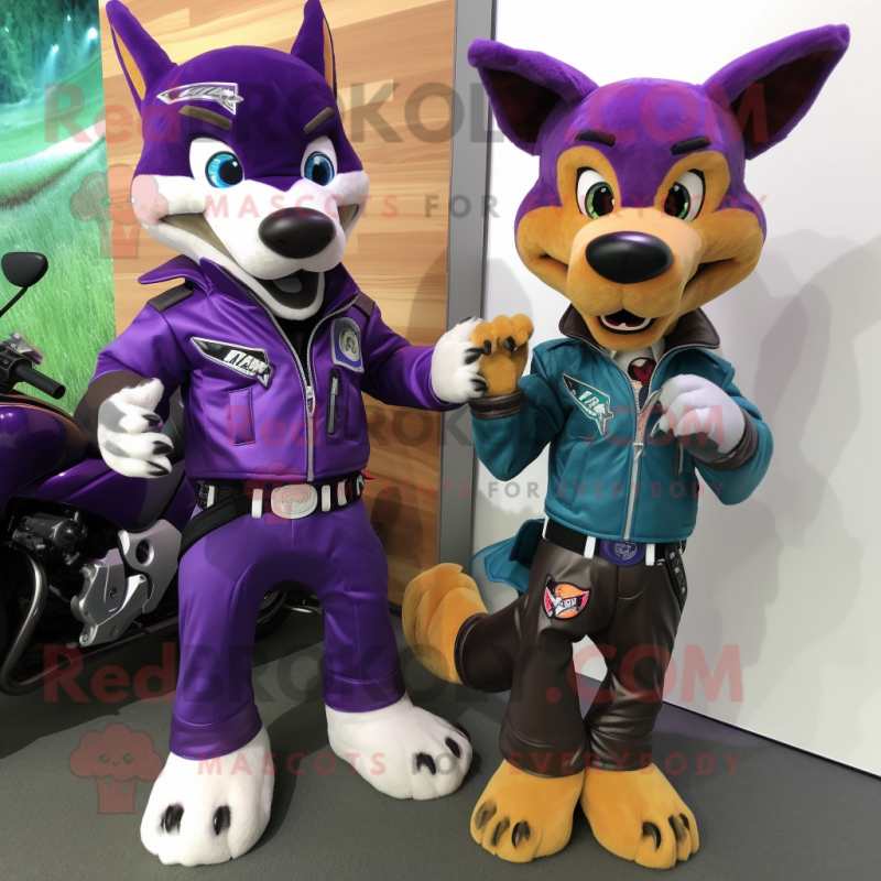 Purple Dingo mascot costume character dressed with a Moto Jacket and Brooches Purple Dingo mascot costume character dressed with a Moto Jacket and Brooches