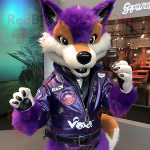 Purple Dingo mascot costume character dressed with a Moto Jacket and Brooches