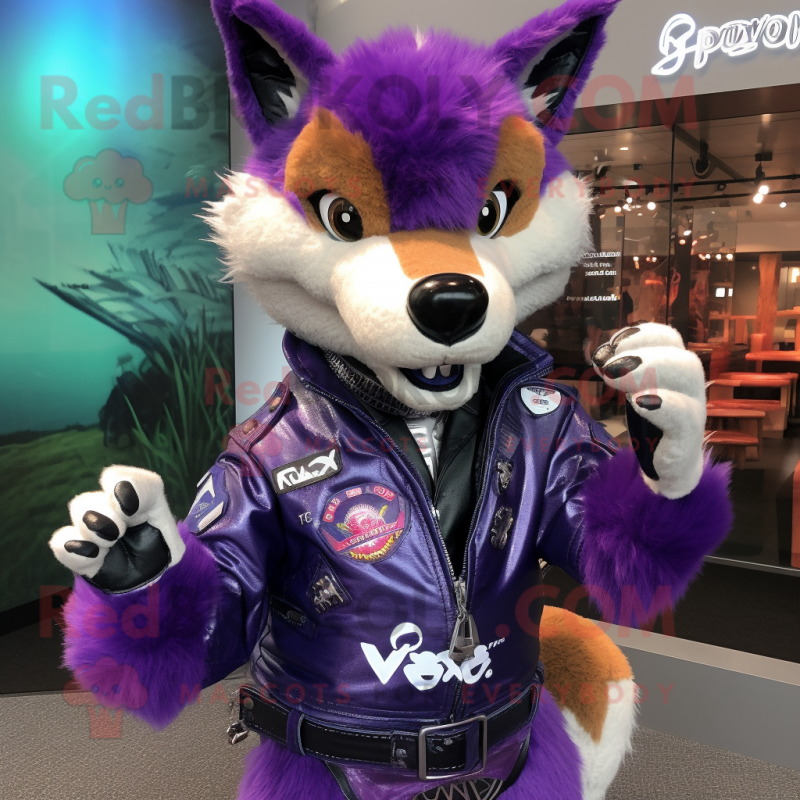 Purple Dingo mascot costume character dressed with a Moto Jacket and Brooches Purple Dingo mascot costume character dressed with a Moto Jacket and Brooches