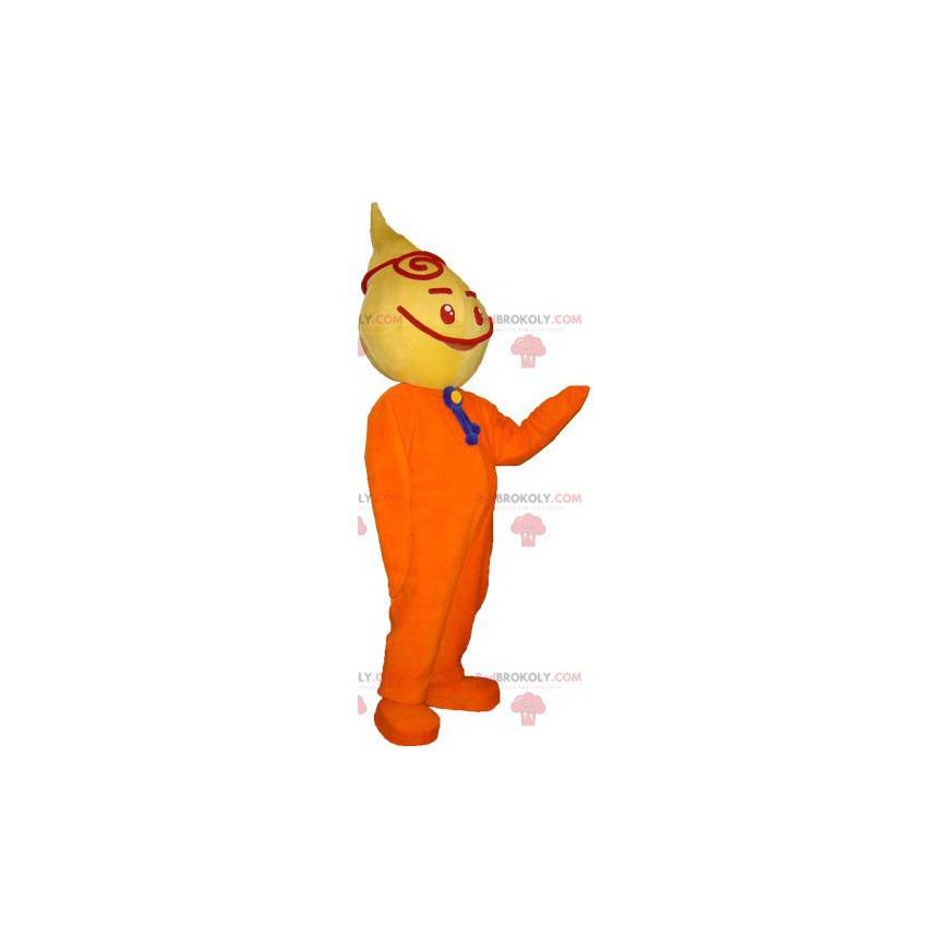 Mascota de muñeco de nieve amarillo y naranja muy sonriente -