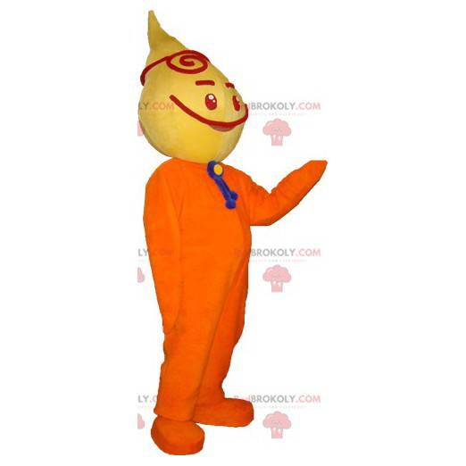 Mascote do boneco de neve amarelo e laranja muito sorridente -