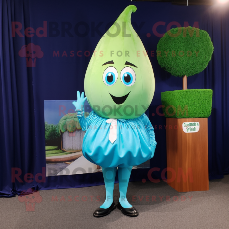 Cyan Onion mascot costume character dressed with a Sheath Dress and Cufflinks