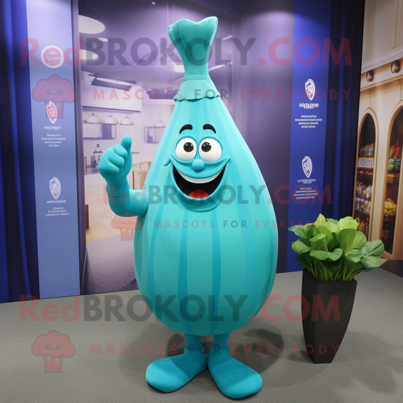 Cyan Onion mascot costume character dressed with a Sheath Dress and Cufflinks