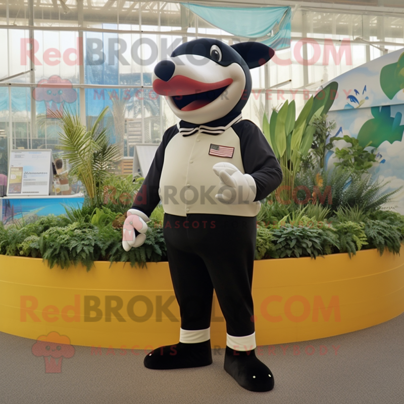 Cream Killer Whale mascot costume character dressed with a Pencil Skirt and Belts Cream Killer Whale mascot costume character dressed with a Pencil Skirt and Belts