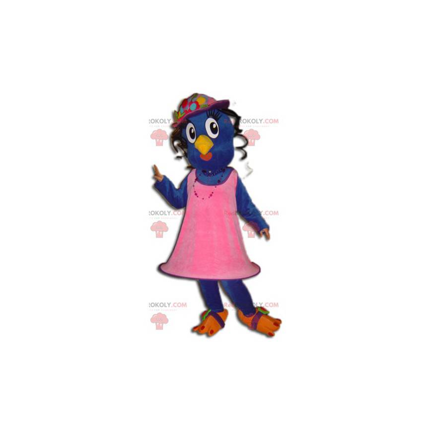 Mascote pássaro azul e amarelo com um vestido rosa -