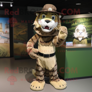 Olive Saber-Toothed Tiger mascot costume character dressed with a Wrap Skirt and Hat pins