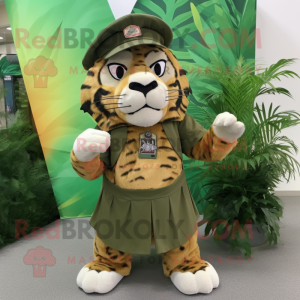 Olive Saber-Toothed Tiger mascot costume character dressed with a Wrap Skirt and Hat pins