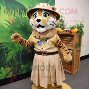 Olive Saber-Toothed Tiger mascot costume character dressed with a Wrap Skirt and Hat pins