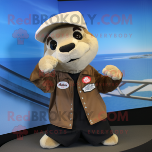 Beige Otter mascot costume character dressed with a Moto Jacket and Hat pins