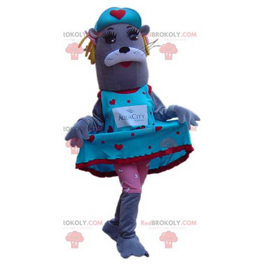 Female gray sea lion mascot dressed in a colorful outfit -