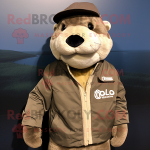 Beige Otter mascot costume character dressed with a Moto Jacket and Hat pins
