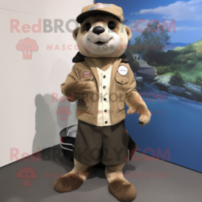 Beige Otter mascot costume character dressed with a Moto Jacket and Hat pins