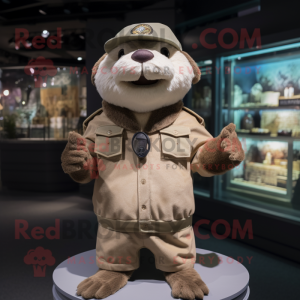 Beige Otter mascot costume character dressed with a Moto Jacket and Hat pins