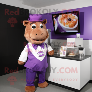 Purple Pulled Pork Sandwich mascot costume character dressed with a V-Neck Tee and Bow ties