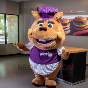 Purple Pulled Pork Sandwich mascot costume character dressed with a V-Neck Tee and Bow ties