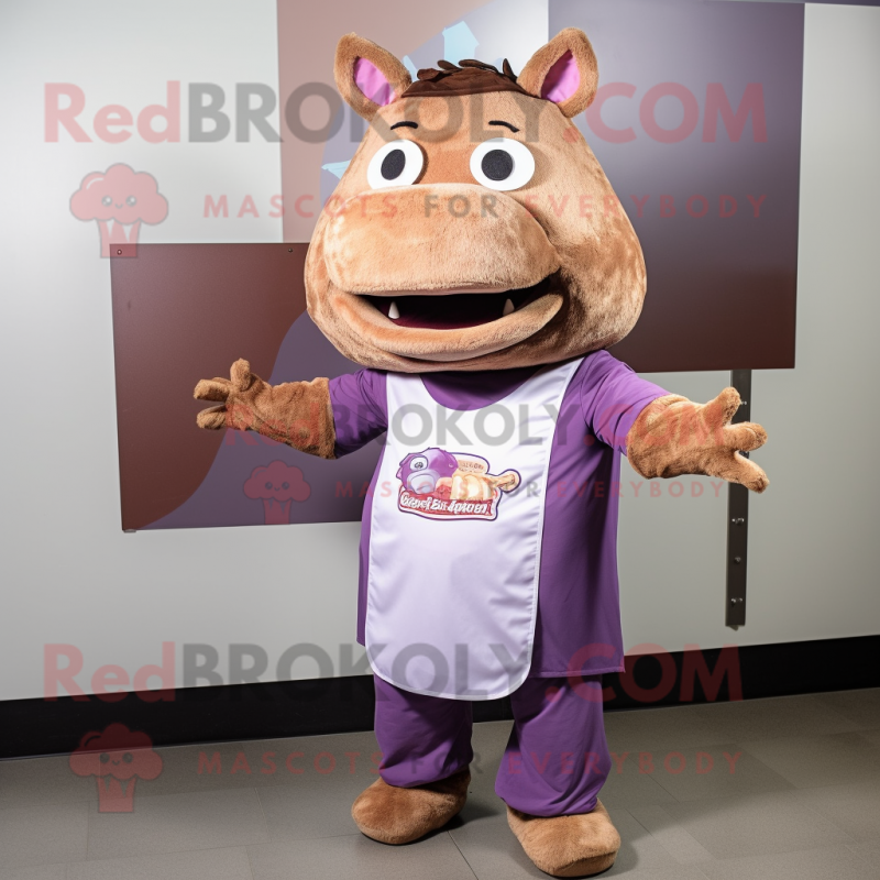 Purple Pulled Pork Sandwich mascot costume character dressed with a V-Neck Tee and Bow ties Purple Pulled Pork Sandwich mascot costume character dressed with a V-Neck Tee and Bow ties