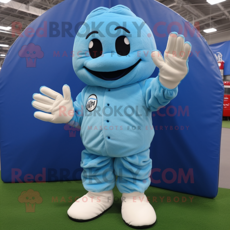 Sky Blue Baseball Glove mascot costume character dressed with a Coat and Foot pads Sky Blue Baseball Glove mascot costume character dressed with a Coat and Foot pads