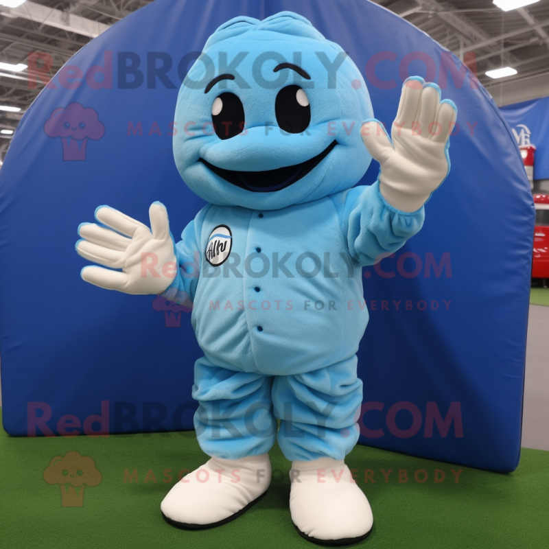 Sky Blue Baseball Glove mascot costume character dressed with a Coat and Foot pads