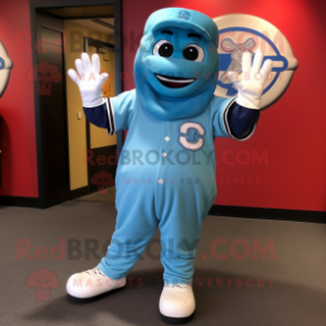 Sky Blue Baseball Glove mascot costume character dressed with a Coat and Foot pads