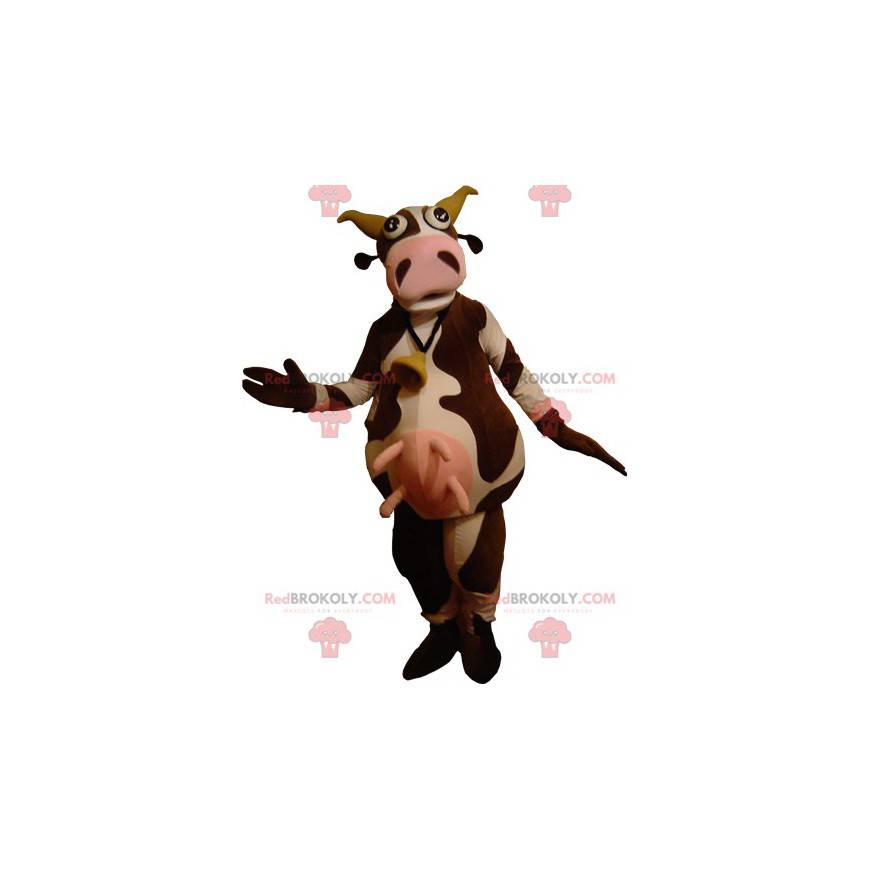 Velmi vtipný maskot hnědé a bílé krávy - Redbrokoly.com