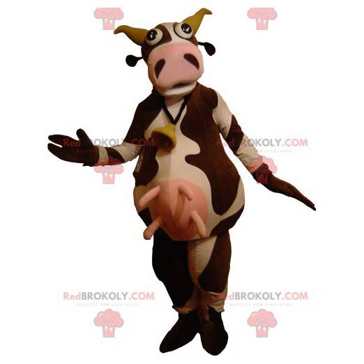 Velmi vtipný maskot hnědé a bílé krávy - Redbrokoly.com