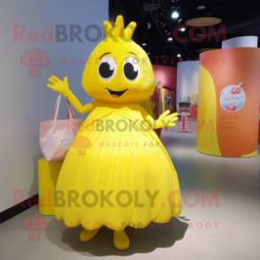 Yellow Candy Box mascot costume character dressed with a Ball Gown and Tote bags