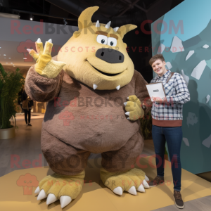 Olive Woolly Rhinoceros mascot costume character dressed with a Boyfriend Jeans and Watches