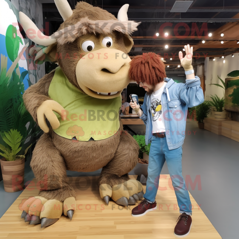 Olive Woolly Rhinoceros mascot costume character dressed with a Boyfriend Jeans and Watches