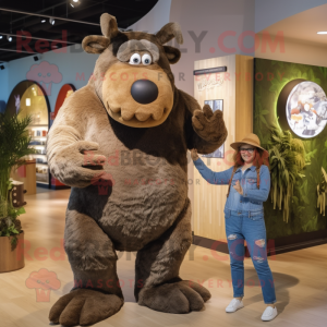 Olive Woolly Rhinoceros mascot costume character dressed with a Boyfriend Jeans and Watches