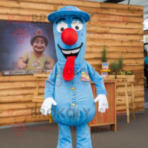 Sky Blue Hot Dogs mascot costume character dressed with a Denim Shirt and Lapel pins
