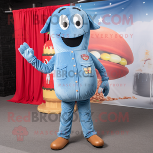 Sky Blue Hot Dogs mascot costume character dressed with a Denim Shirt and Lapel pins