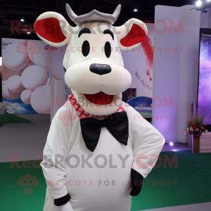 White Jersey Cow mascot costume character dressed with a Skinny Jeans and Bow ties