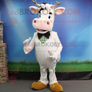White Jersey Cow mascot costume character dressed with a Skinny Jeans and Bow ties