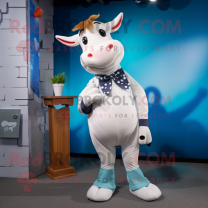 White Jersey Cow mascot costume character dressed with a Skinny Jeans and Bow ties