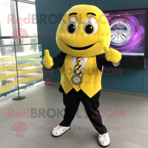 Lemon Yellow Bagels mascot costume character dressed with a Blazer and Bracelet watches