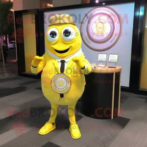 Lemon Yellow Bagels mascot costume character dressed with a Blazer and Bracelet watches