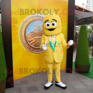 Lemon Yellow Bagels mascot costume character dressed with a Blazer and Bracelet watches