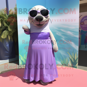 Lavender Sea Lion mascot costume character dressed with a A-Line Skirt and Sunglasses