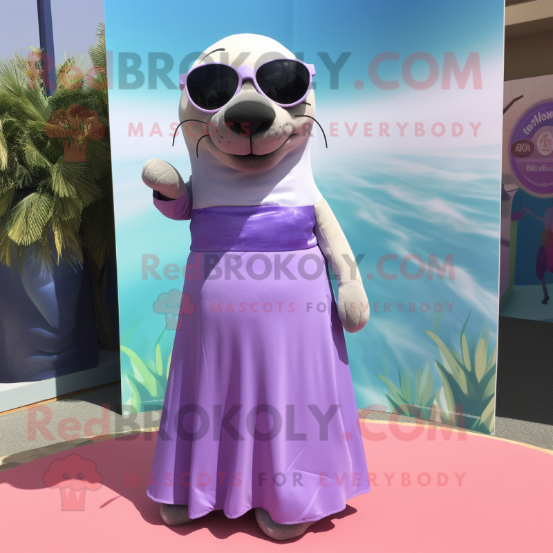 Lavender Sea Lion mascot costume character dressed with a A-Line Skirt and Sunglasses